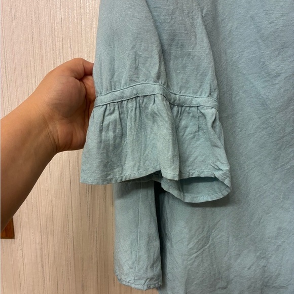 Lane Bryant Plus 22/24W Linen Rayon Peasant Blouse Top Seafoam Aqua Tie Neck - Picture 3 of 8